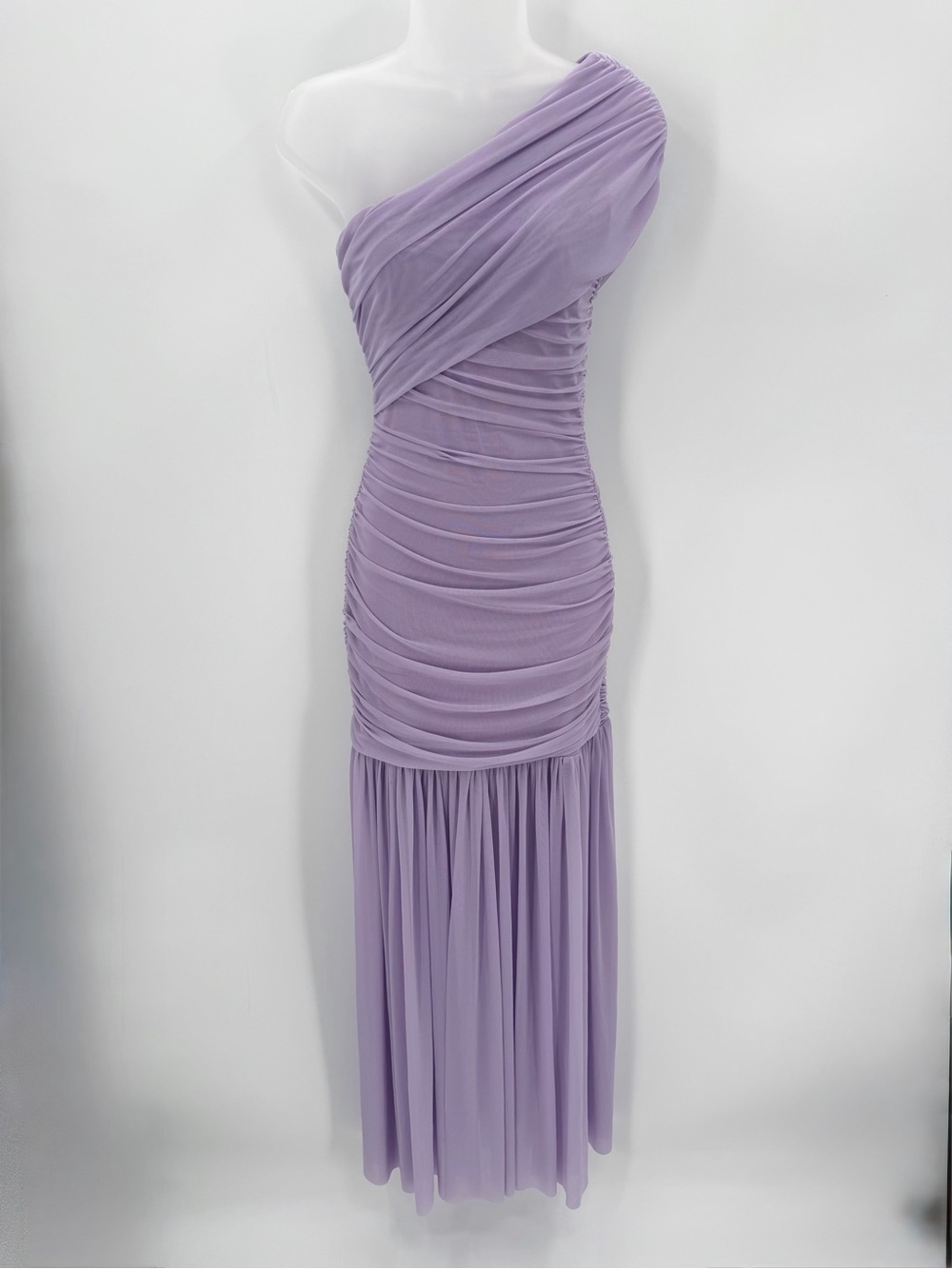 Formal Bodycon Dress Women’s S Purple Ruched Mesh 1 Shoulder Maxi-LAGSHIAN brand